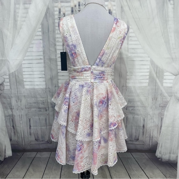 Gianni Bini White Purple Embroidered Plunge Deep V Neck Ruffle Tiered Dress NEW - Picture 6 of 12